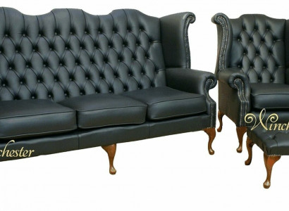 Schwarze Chesterfield Ledersofa Couch Polster Garnitur 3+1 Sitzer Ohrensessel